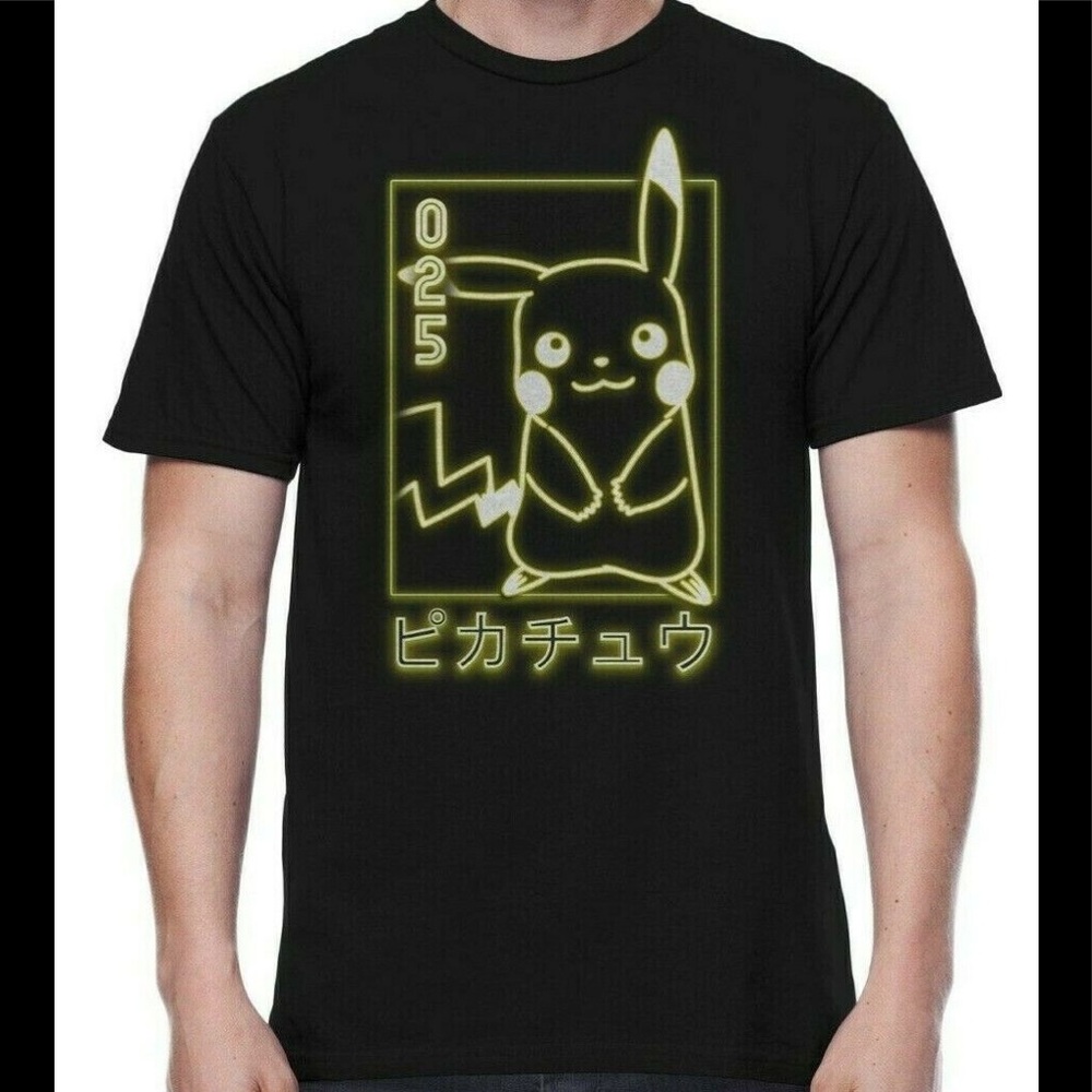 Pokemon Pikachu T Shirt Men’s Japanese Logo Tee Cotton Size XL Black Yellow